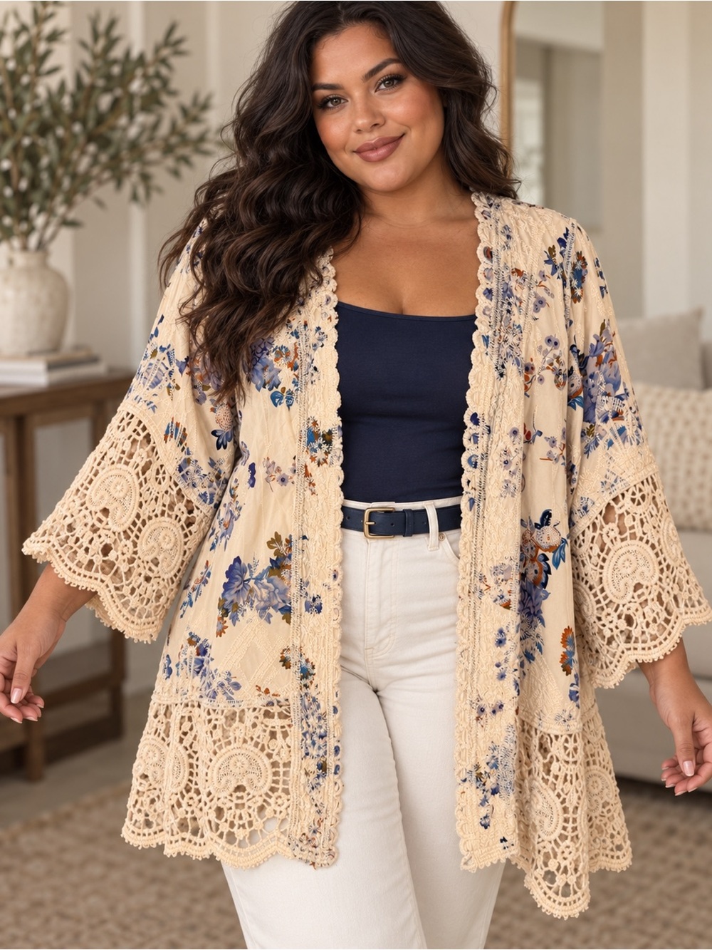 Solitaire Boho Floral Crochet Lace Kimono Cardigan Cream 2X